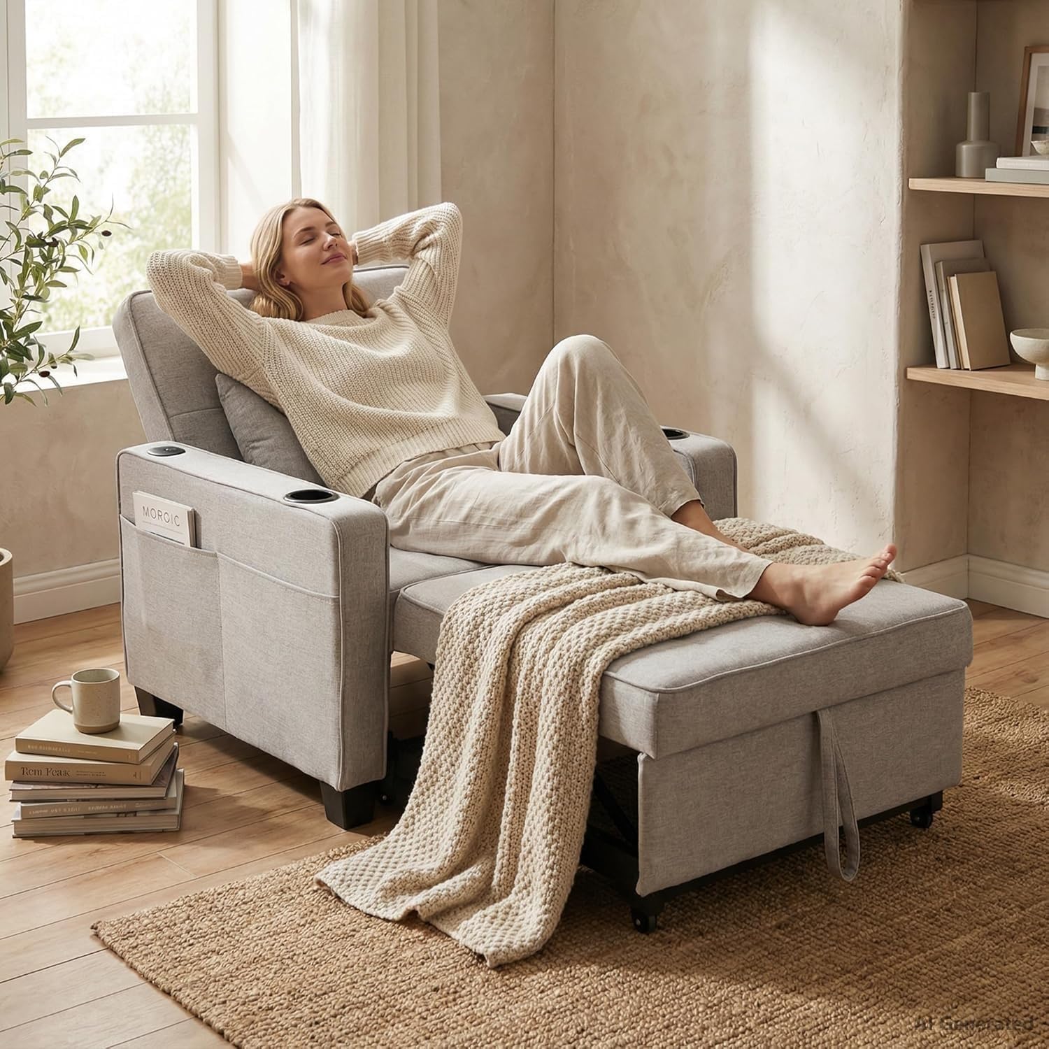 TYBOATLE Sleeper Chair for Adults, Convertible Pull Out Sofa Bed with Charging, Grey | Cup Holders, Side Pockets, Living Room, Bedroom, Small Space