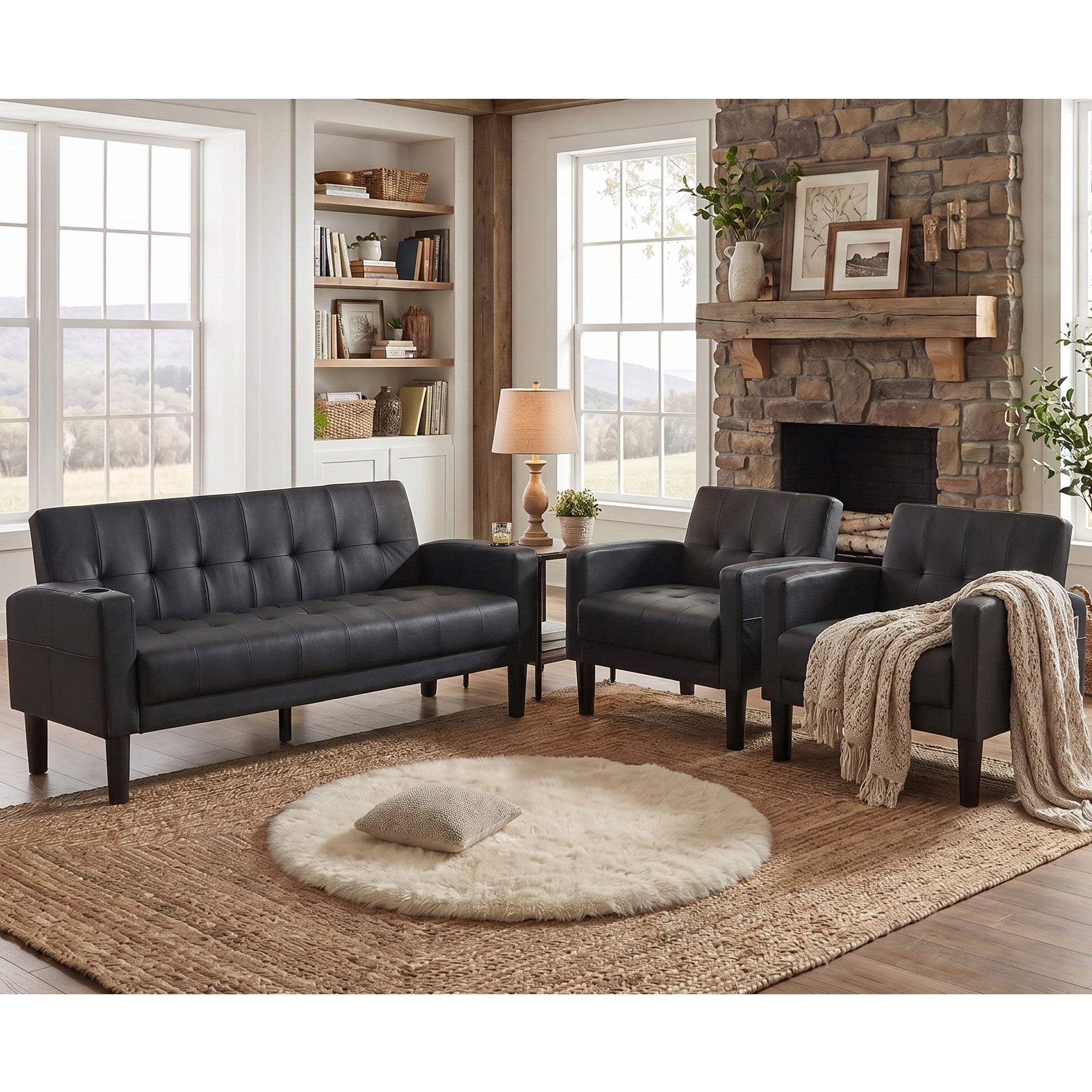 TYBOATLE Living Room Furniture Set, PU Leather Couch and Chairs Set with USB & Type-C Ports, Black Sofa Set with Cup Holders, Loveseat Sofa and 2 Matching Chairs for Apartment, Office, Bedroom