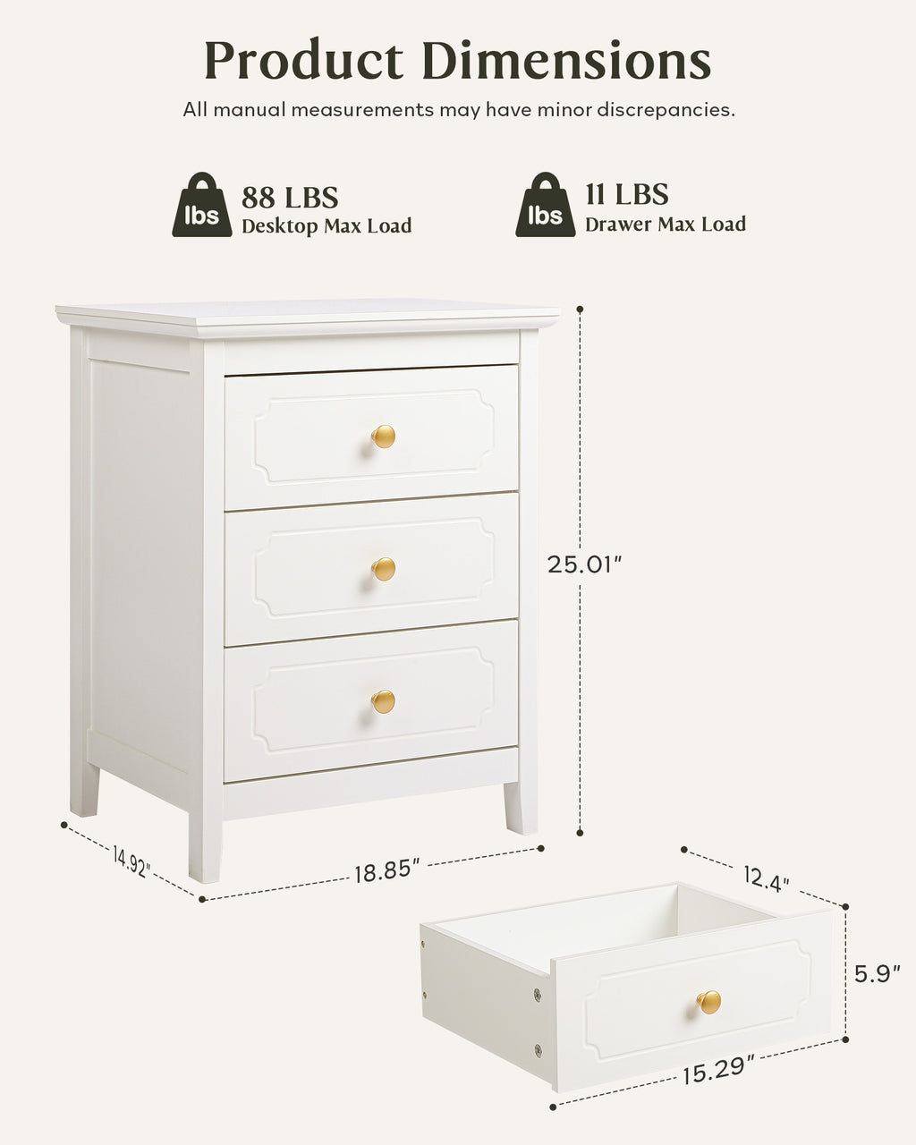 YIGOBUY 3 Drawer Nightstand, Modern Storage Night Stand White Narrow Bedside Table with Gold Knobs,Wood End Table