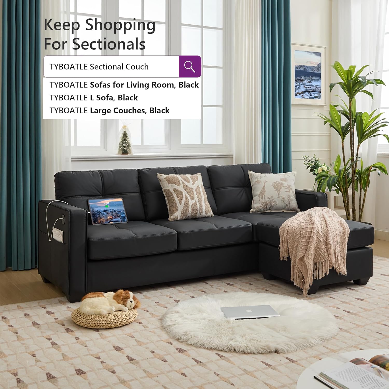 TYBOATLE Black Sofa Couch Sectional Couches for Living Room, Comfy Faux Leather Modular Convertible L Shaped Sofas with USB & Ottoman, Home Sofa Set with Chaise for RV Apartment Office (2)