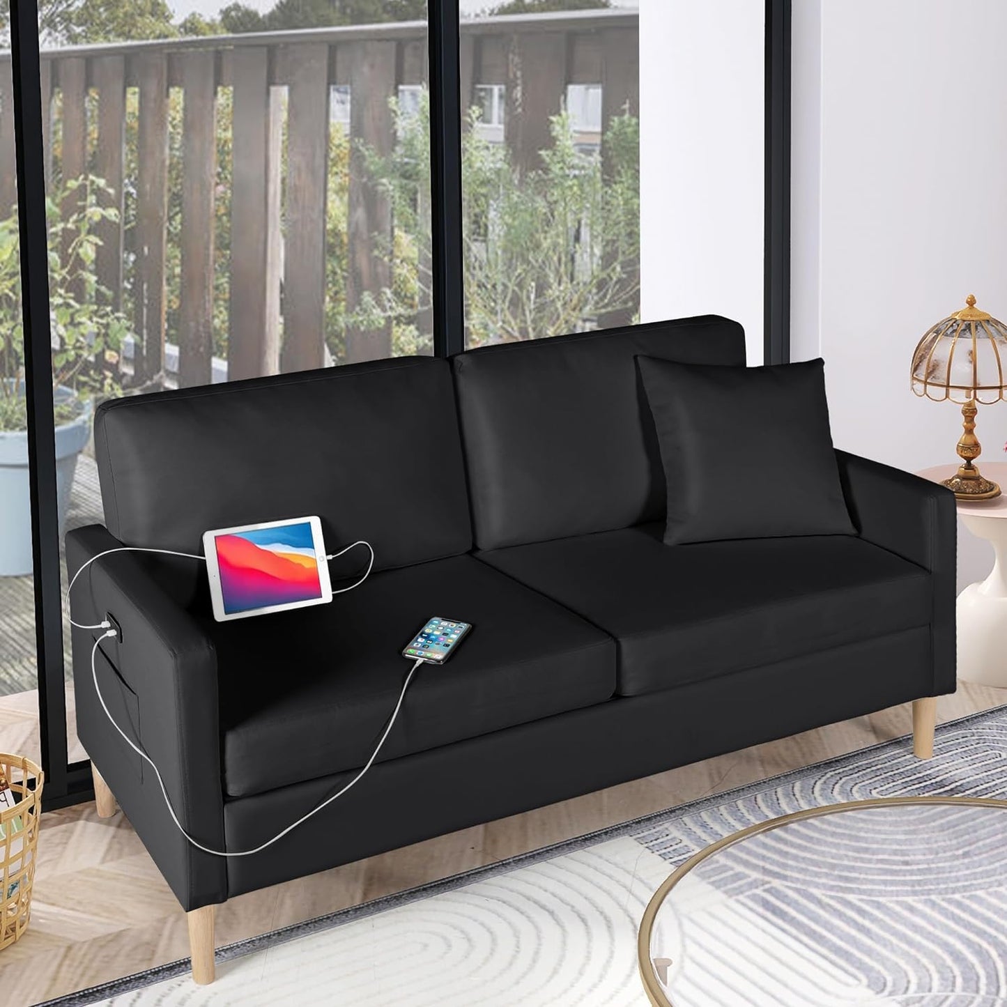 TYBOATLE 66" Sofa Couch,PU Leather Loveseat w/ 2 USB Charging Ports & Pillow,Modern Love Seats for Living Room,Small Couches for Small Spaces,Office,Bedroom(Black) (Black, 66" W)