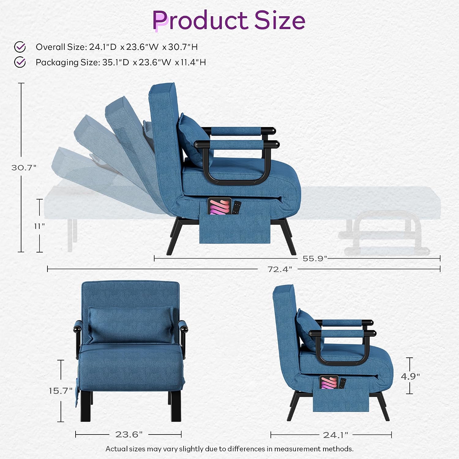 TYBOATLE Sleep Chair Bed, Folding Sleeper Chairs for Adults (Azure Blue) Comfy, Cozy, Convertible, 5 in 1, Adjustable Backrest, Side Pockets, Pillow, Small Spaces, Office, Dorm