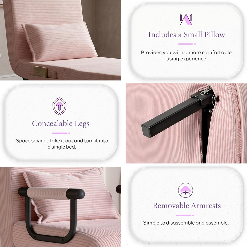 TYBOATLE Sleeper Chair Bed, Comfy Convertible Sleeper Futon Chairs for Adults, 5 in 1 Folding Bed Chair with Adjustable Backrest & Side Pockets & Pillow, Cozy Small Sofa for Small Spaces (Pink)