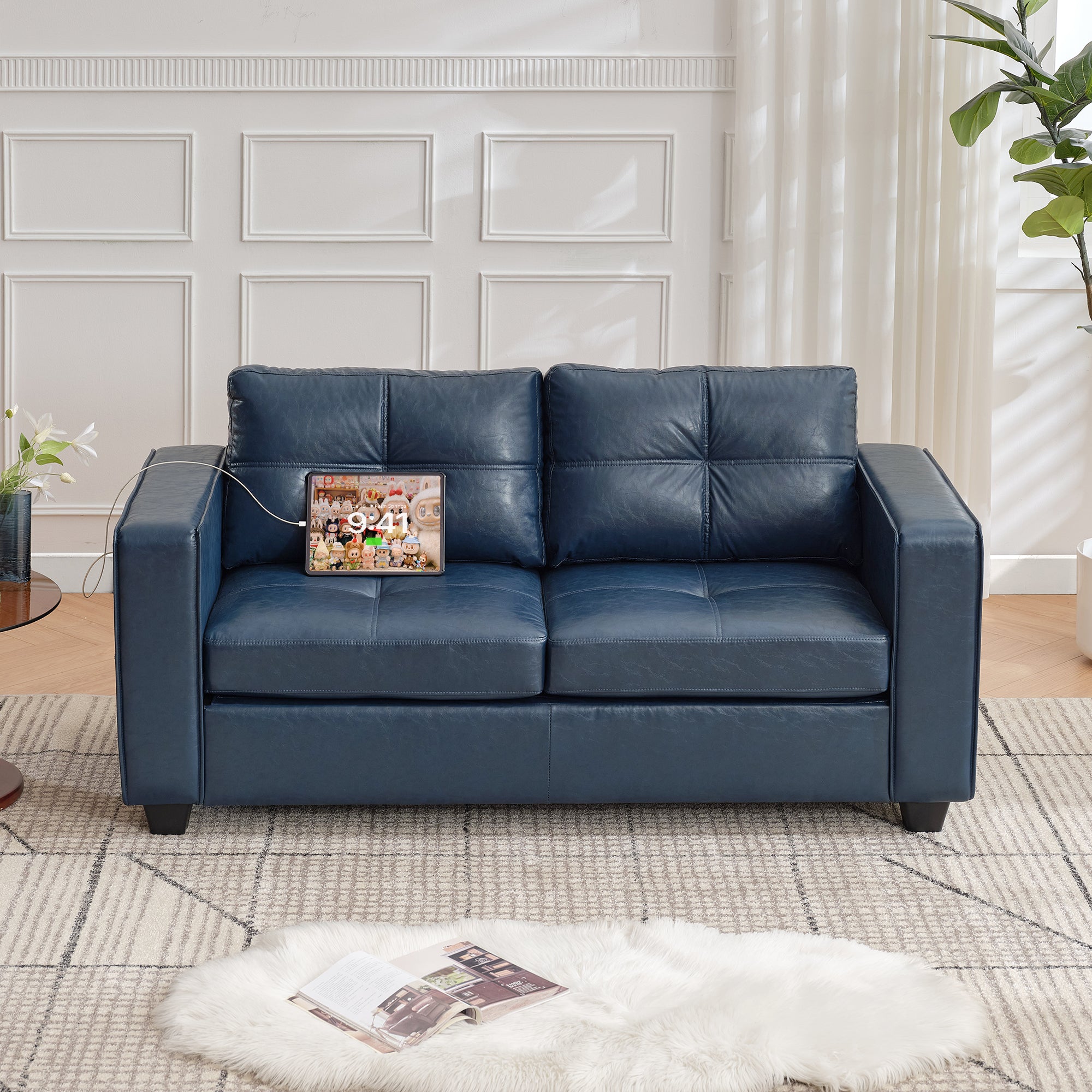 TYBOATLE 65" Blue Faux Leather Loveseat for Bedroom, Mid-Century Modern Tufted Comfy Loveseat w/USB Charging Ports and Wide Arms, 2 Seat Office Small Couch for Small Space