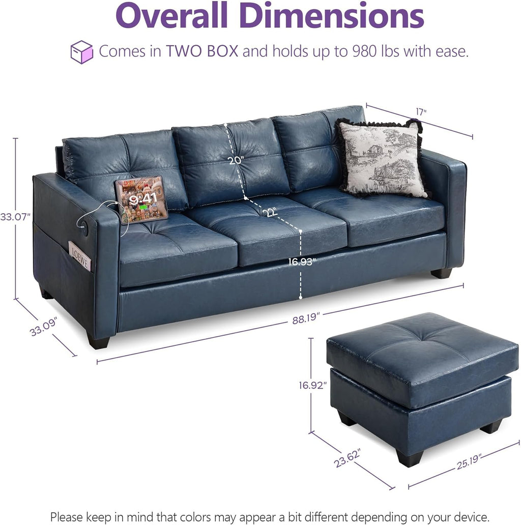 TYBOATLE Blue Leather Sofa Couch Sectional Couches for Living Room, Comfy Sofas with USB USB & Type C Charger, Home Office 3 Piece Living Room Sofa Set for RV Apartment Bedroom