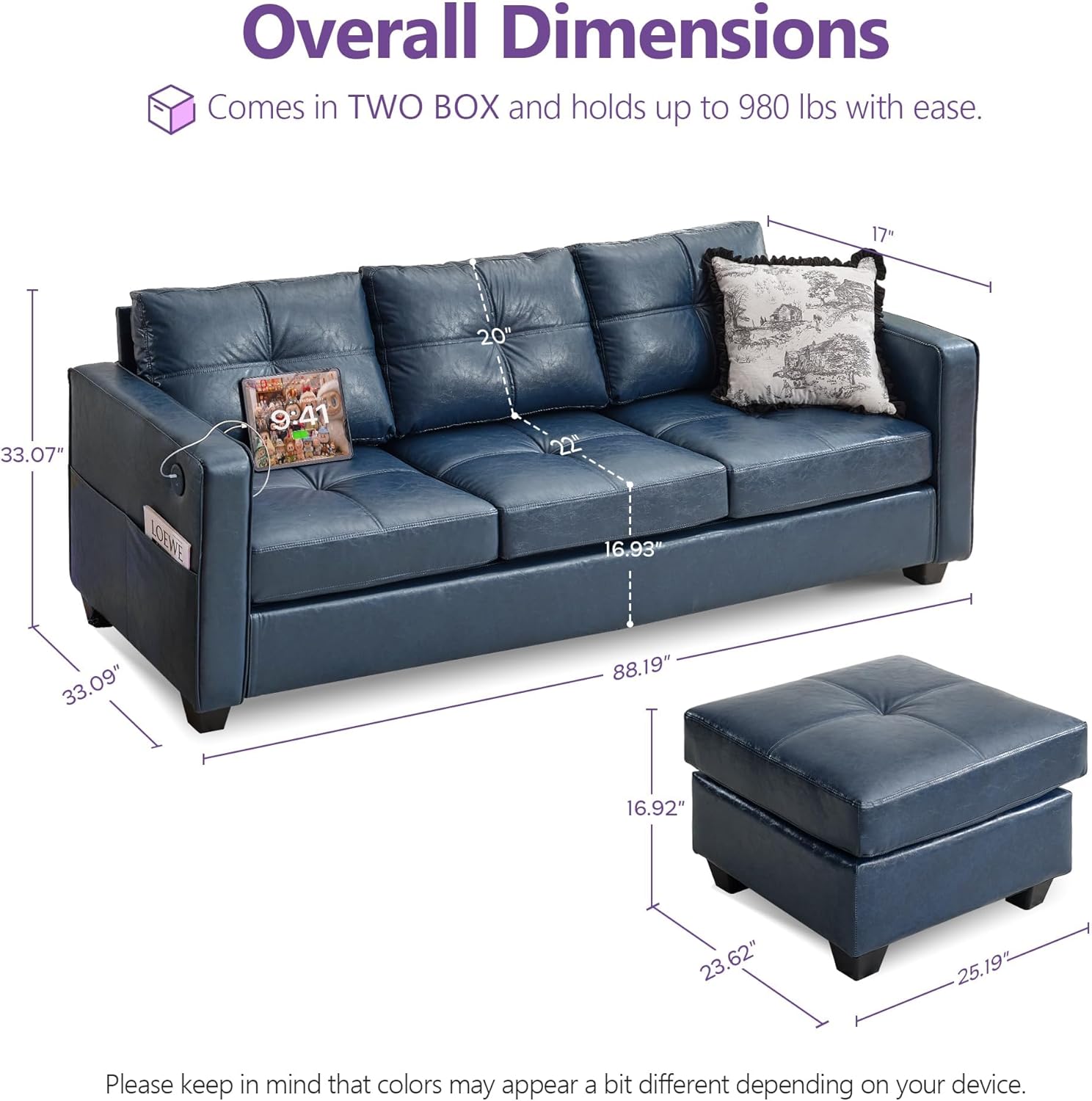 TYBOATLE Blue Leather Sofa Couch Sectional Couches for Living Room, Comfy Sofas with USB USB & Type C Charger, Home Office 3 Piece Living Room Sofa Set for RV Apartment Bedroom