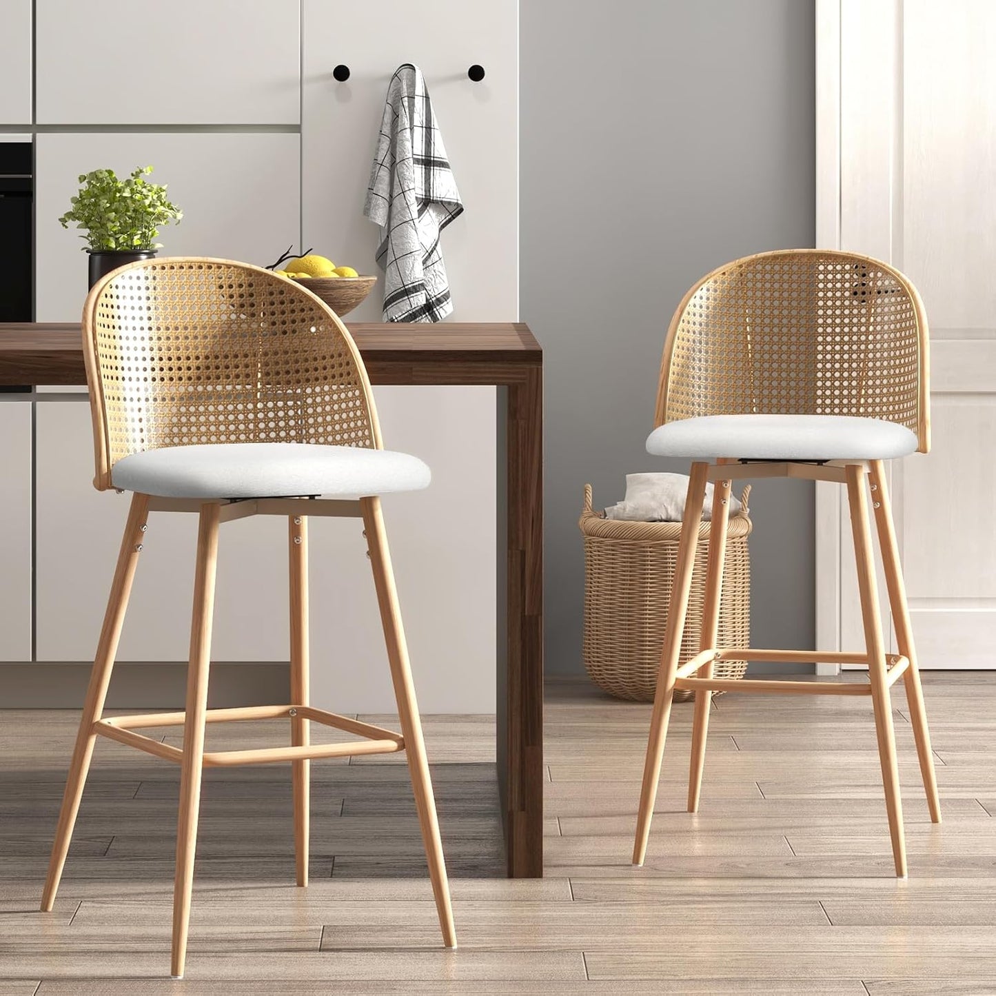 TYBOATLE Bar Stools Set of 2 Rattan Swivel 29" Height Barstools for Kitchen Counter Island Mid Century Modern White Bar Chairs with Metal Legs Woven Stools Upholstered Boho Bar Stool