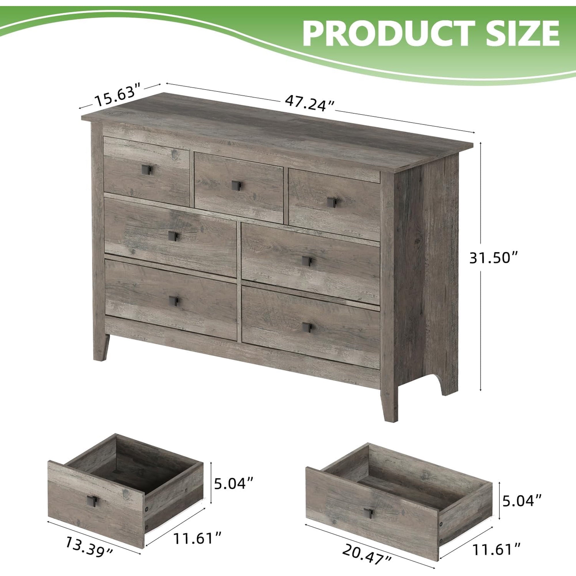 LAZZO 7-Drawer Dresser, Farmhouse Wooden Chest of Drawers for Bedroom Living Room and Hallway, Gray