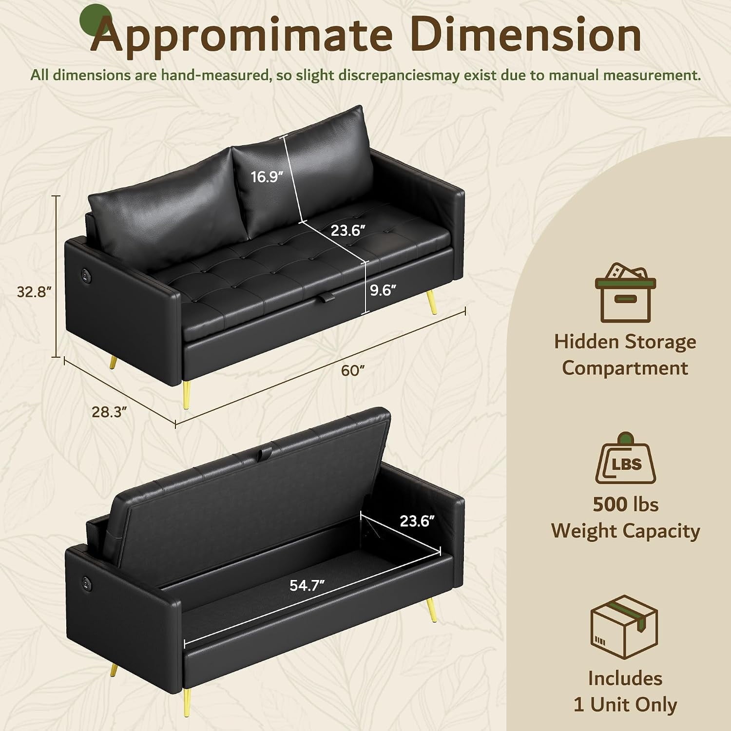 LAZZO 60" Loveseat Sofa with Hidden Storage, Leather Upholstered Couch with USB Charging Ports for Living Room, Black