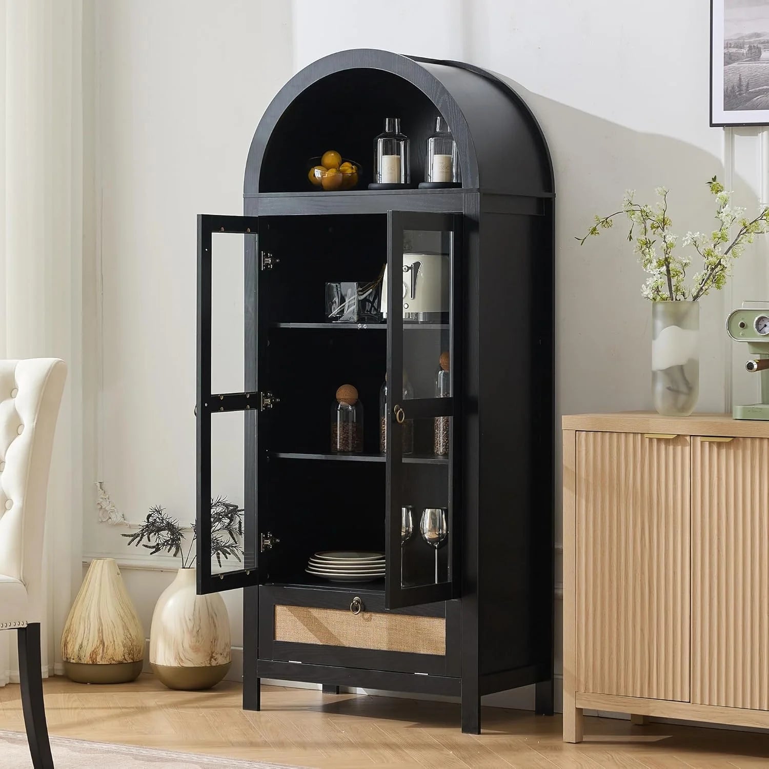 LAZZO 71" Tall Arched Pantry Cabinet with Glass Door & Drawer, Storage Cupboard with Anti-Tipping Device, Black
