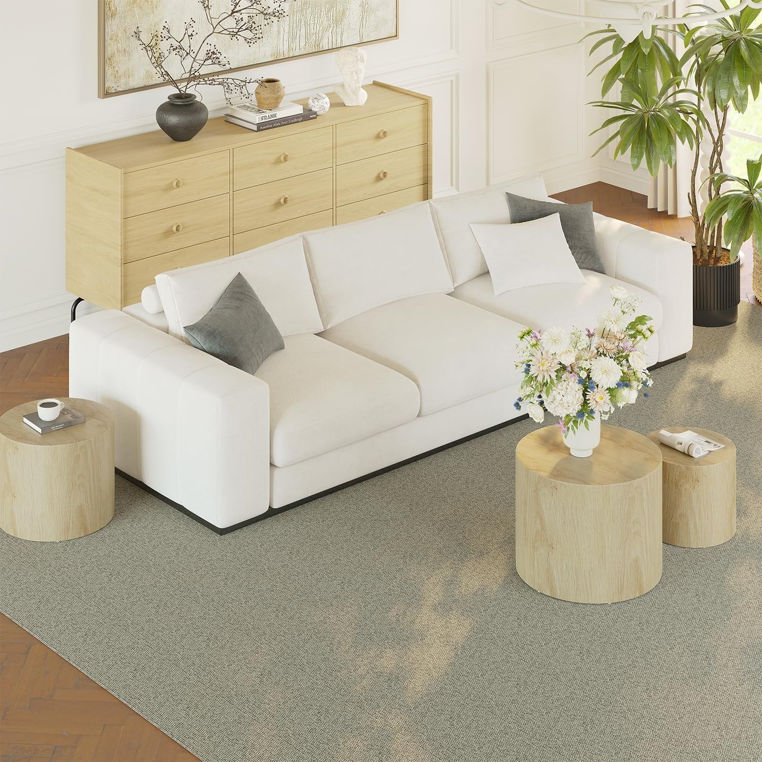 LAZZO Nesting Round Coffee Table Set of 3, Modern Wooden Accent Side Table, Space-Saving Table for Living Room Bedroom, Natural Wood Color