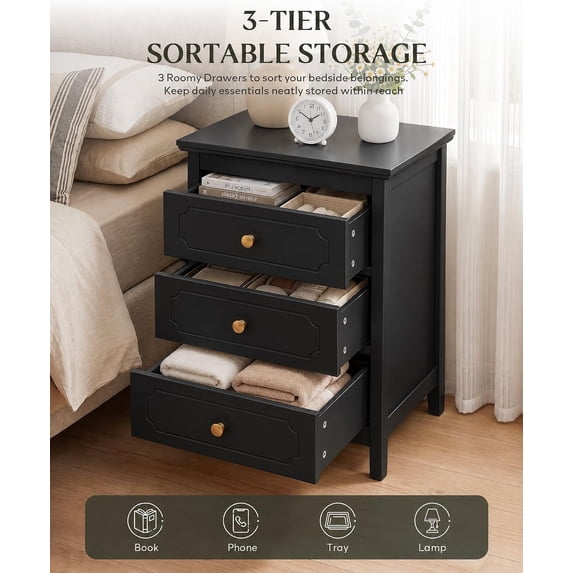 LAZZO 3-Drawer Nightstand, Storage Side End Table for Bedroom and Living Room, Black