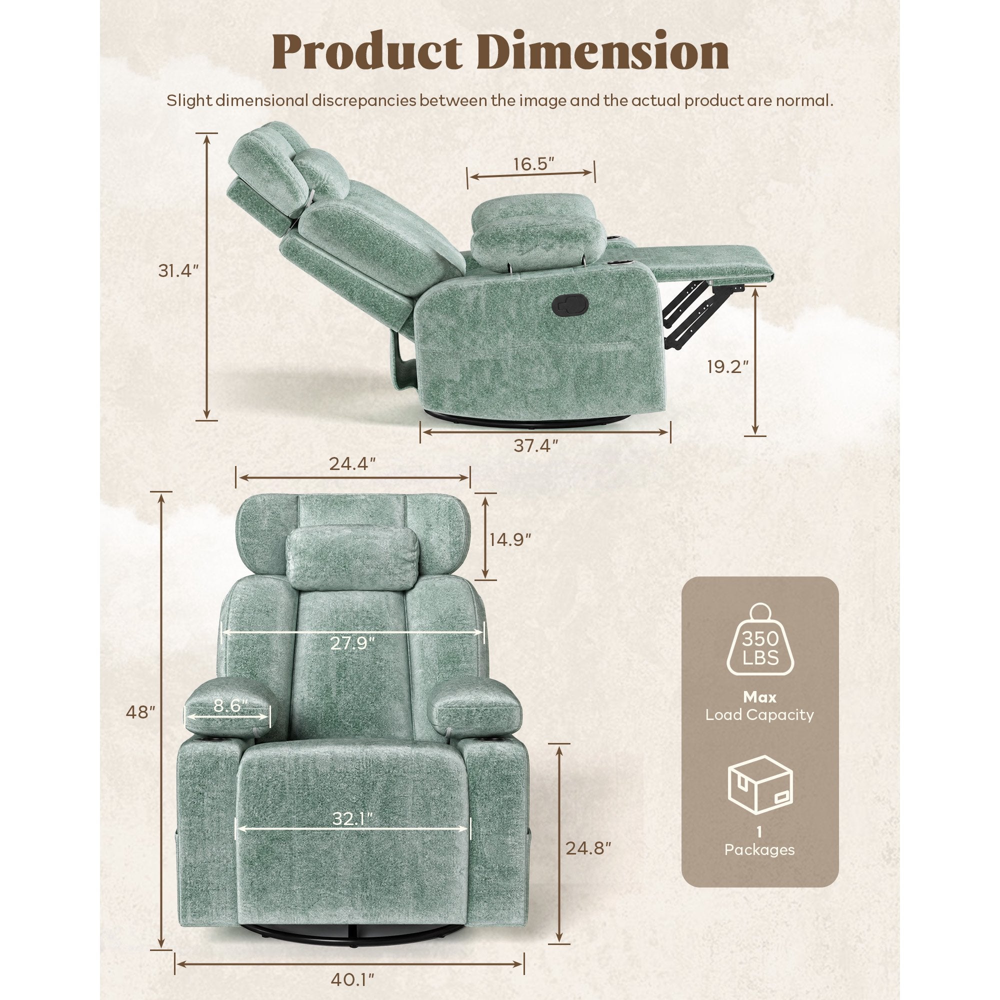 LAZZO Nursery Recliner Chair, 360° Swivel Rocking Glider with Adjustable Headrest, Armrests, Footrest, Cup Holder and Lumbar Pillow, Green