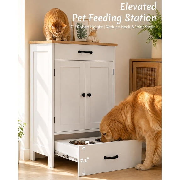 LAZZO Pet Food Storage with 2 Elevated Stainless Bowls,Dog Organizer Cabinet With Adjustable Shelf , White