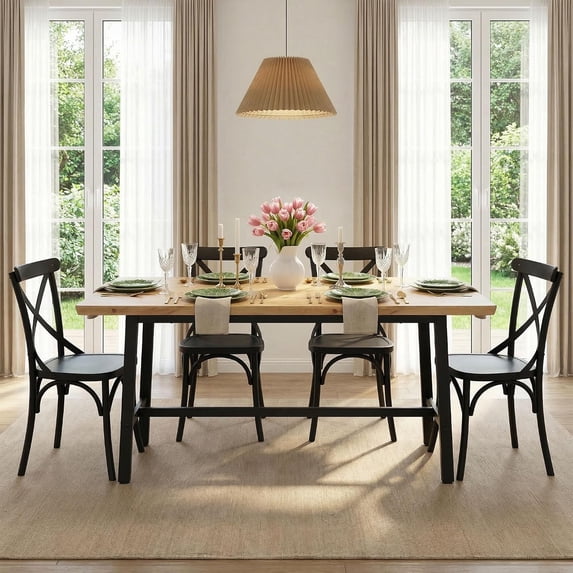 LAZZO 71" Farmhouse Dining Table for 6, Rectangular Wood Kitchen Table with Wavy Edge and Metal Legs for Dining Room, Oak