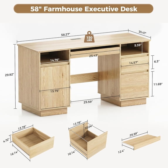 LAZZO 58" Computer Desk with Keyboard Tray, Office Executive Desk with File Drawer and Power Outlet for Home Office