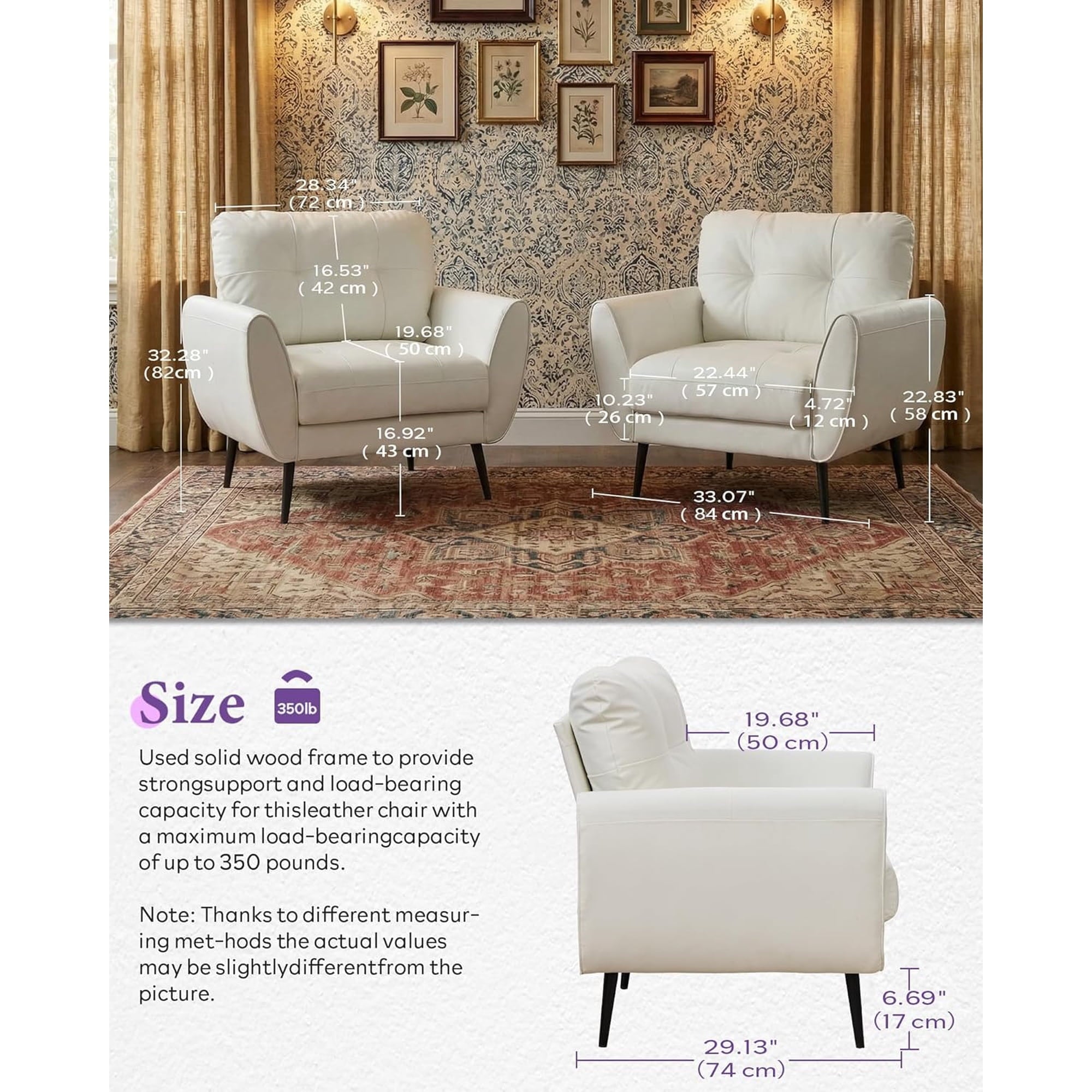 LAZZO Tufted Leather Accent Chair, Mid-Century Modern Upholstered Armchair for Living Room and Bedroom, White