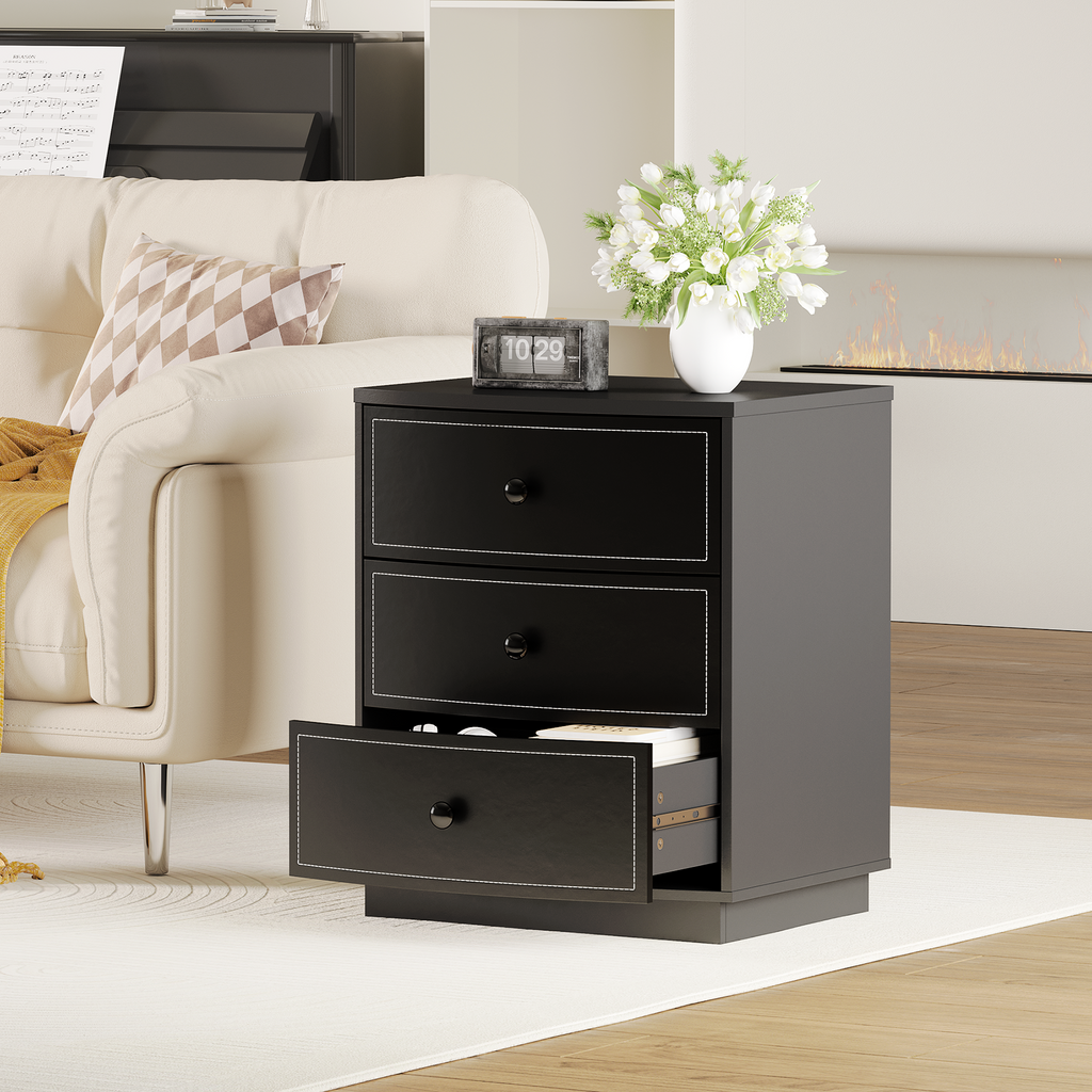 TYBOATLE Black Nightstand, Modern Curved 3 Drawers Bedside Table with Sturdy Base, Wooden Night Stand with Leather Storage Drawer for Bedroom (1)