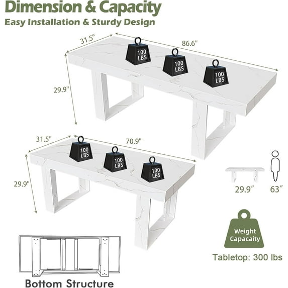 LAZZO Farmhouse Rustic Extendable Dining Table, 70.9"-86.6" Rectangular Wooden Kitchen Table for 6-10, White
