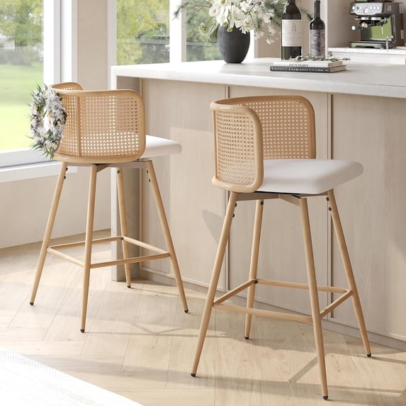 LAZZO Swivel Bar Stools Set of 2, 26” Counter Height Mid-Century Modern Stools with Natural Rattan Woven Back & Faux Leather Seat, White