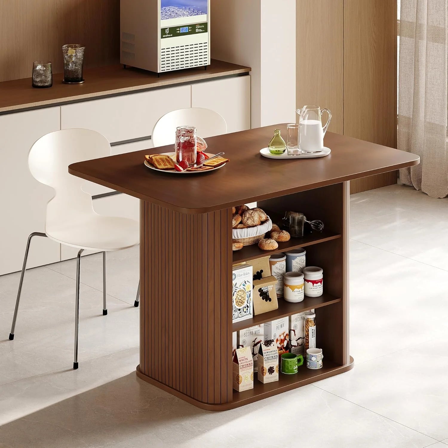 LAZZO 43.3" Dining Table for 4 People, Small Rectangular Kitchen Table with 3-Tier Storage Shelf, Modern Farmhouse Fluted Wood Table for Dining Room, Walnut