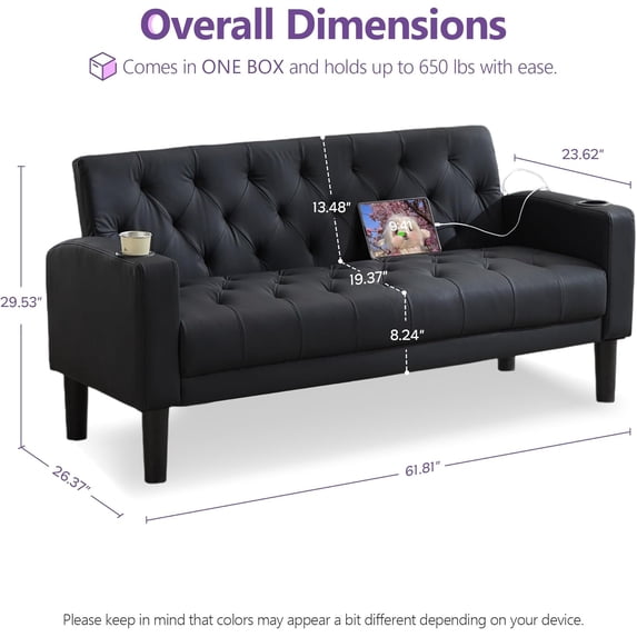 LAZZO 62" Loveseat Sofa, Tufted Couch with USB Ports and Cupholders for Living Room, Office and Bedroom, Black