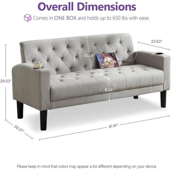 LAZZO 62" Loveseat Sofa, Tufted Couch with USB Ports and Cupholders for Living Room, Office and Bedroom, Light Gray