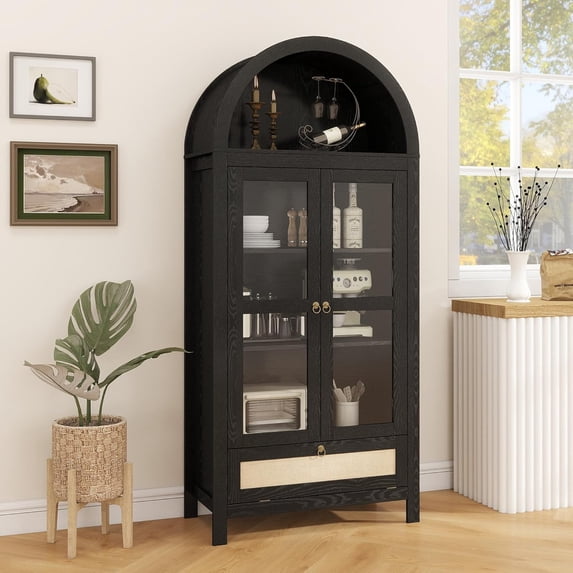 LAZZO 71" Arched Pantry Cabinet with Glass Door & Drawer, Storage Cupboard with Anti-Tipping Device, Black
