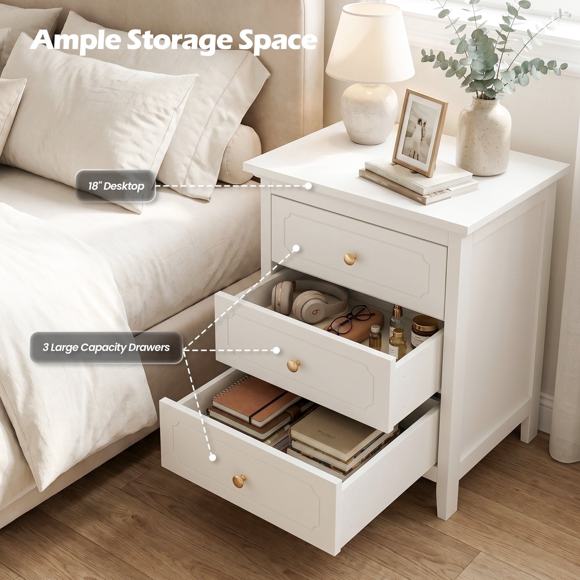 LAZZO 3-Drawer Nightstand, Storage Side End Table for Bedroom and Living Room, White