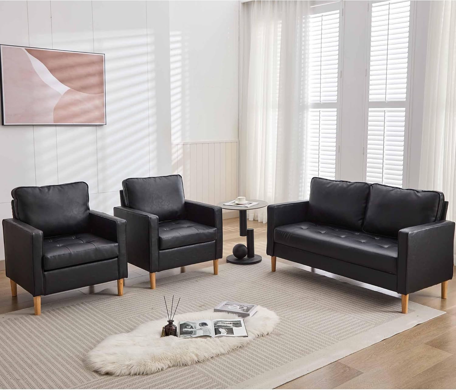 TYBOATLE 57" Sofa Couch, Black Faux Leather Modern Loveseat for Living Room, Tufted Mini Sofa, Comfy Office 2 Seat Love Seats, Small Couches for Small Space (3, Black)