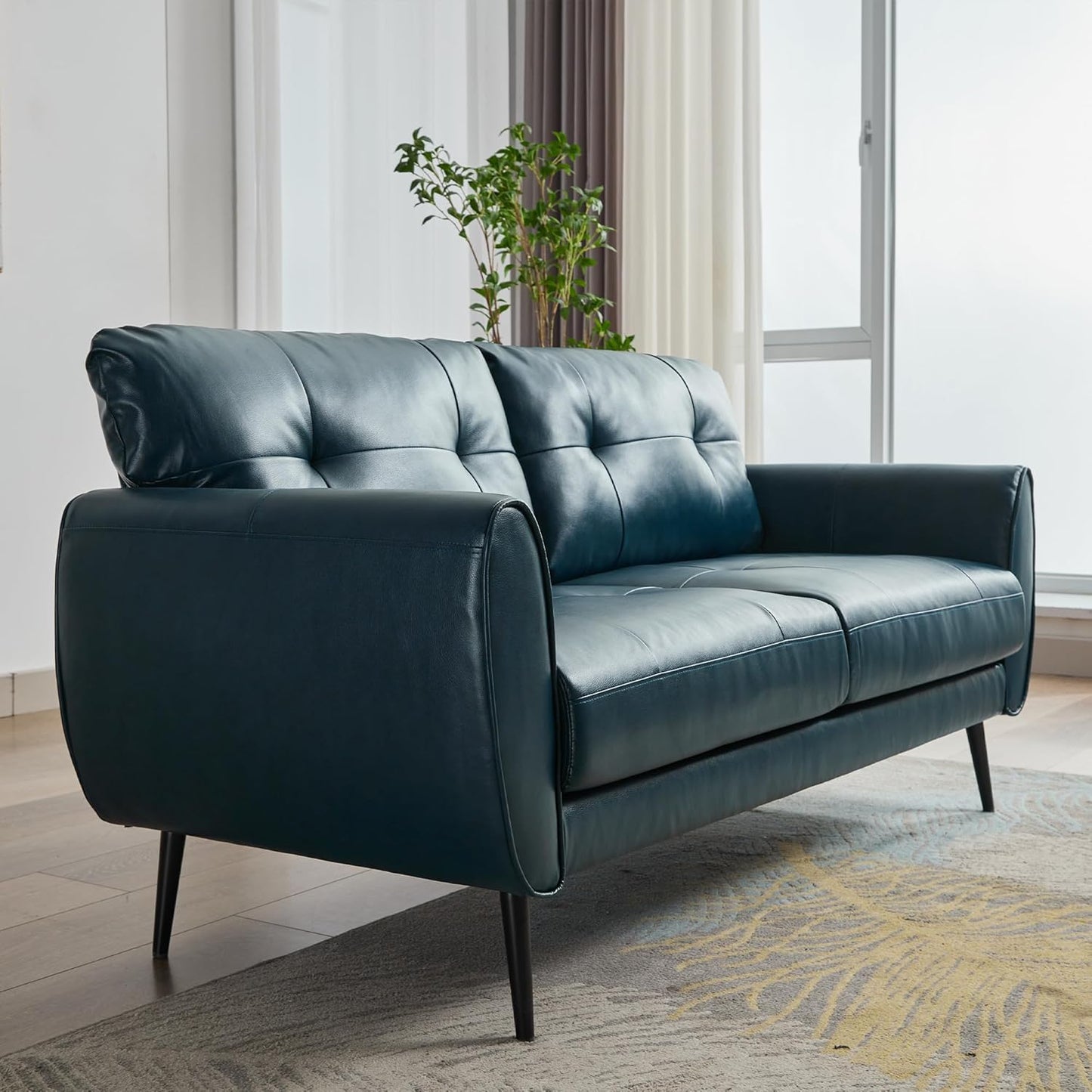 Sofa Couch 61" Small Loveseat Couches for Living Room Blue Leather Couch Mid Century Modern Tufted Mini Sofa Comfy Office 2 Seat Settee Love Seat Small Couches for Small Spaces Bedroom (1, Blue)