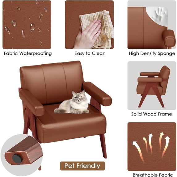 LAZZO Accent Chair, Faux Leather Upholstered Armchair for Living Room, Office and Bedroom, Brown