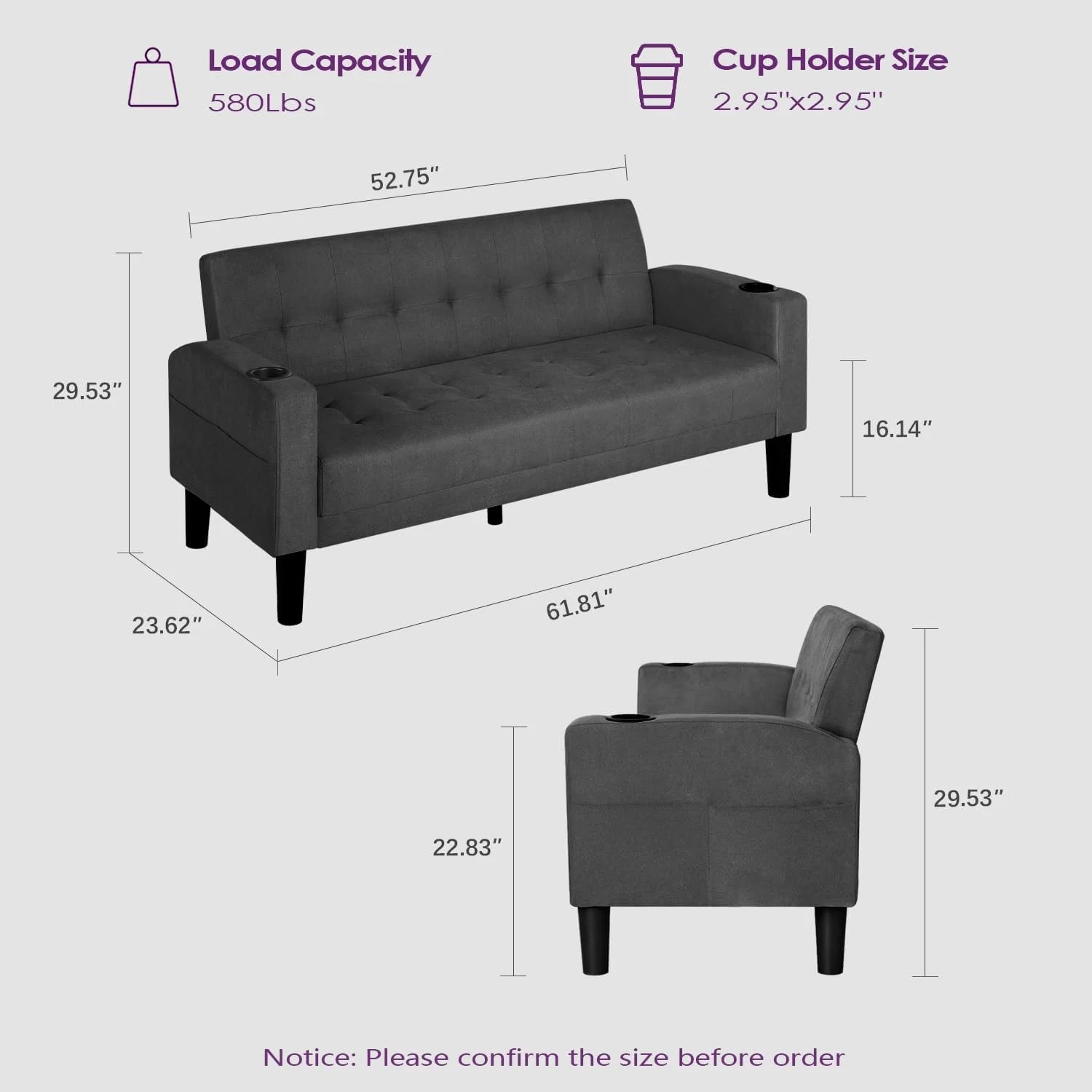 LAZZO 62" Mid-Century Modern Loveseat Sofa, Faux Leather Tufted Compact Couch with USB Ports & Cupholders, Dark Gray