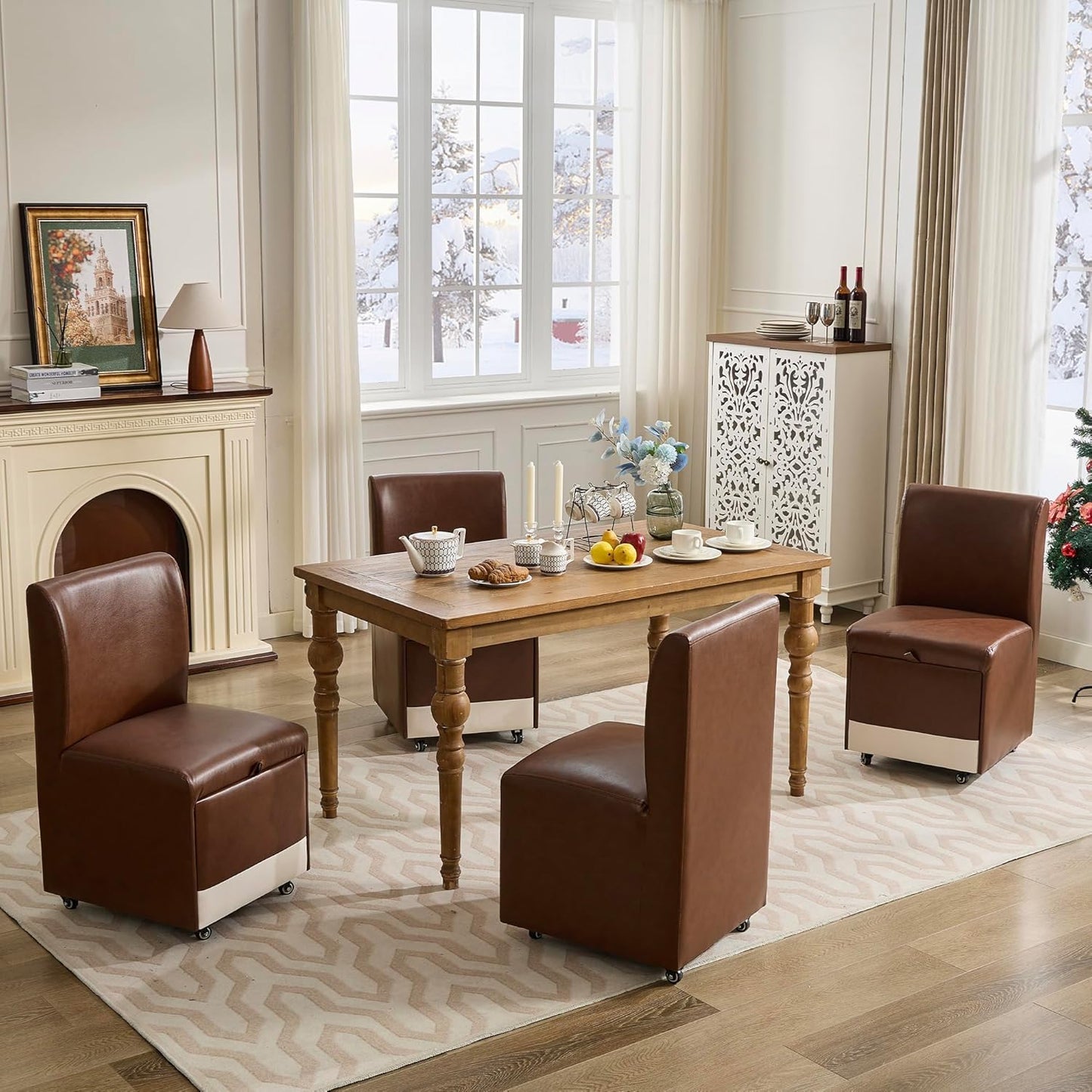 TYBOATLE Upholstered Dining Chairs Set of 4 Swivel Dining Room Chairs Kitchen Chairs w/Casters & Storage Comfy Modern Rolling Brown Leather Chair for Living Room Armless Chair (4, Chestnut Brown)