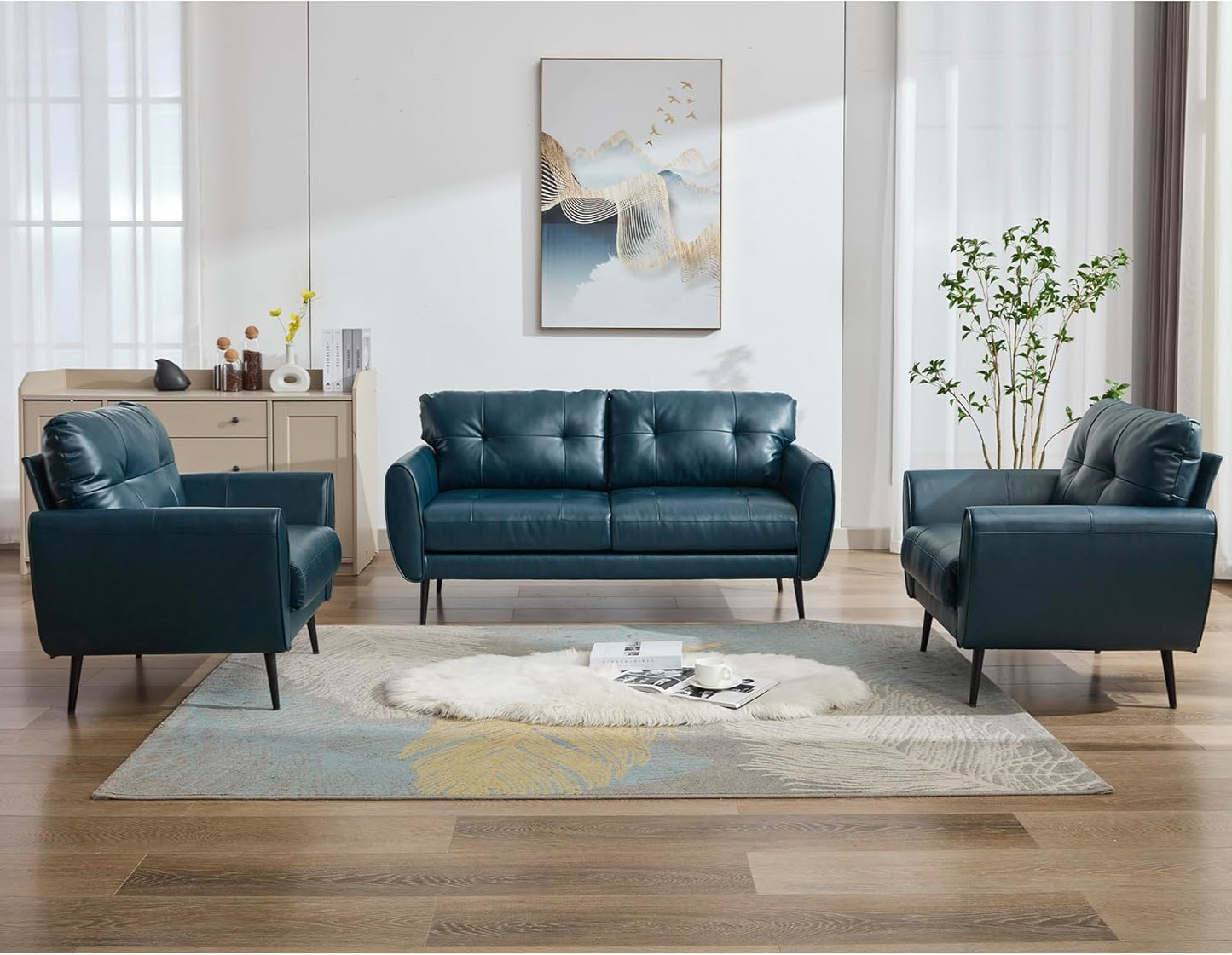 TYBOATLE Sofa Couch 61" Small Loveseat Couches for Living Room White Leather Couch Mid Century Modern Tufted Mini Sofa Comfy Office 2 Seat Settee Love Seat Small Couches for Small Spaces Bedroom (3, Blue)