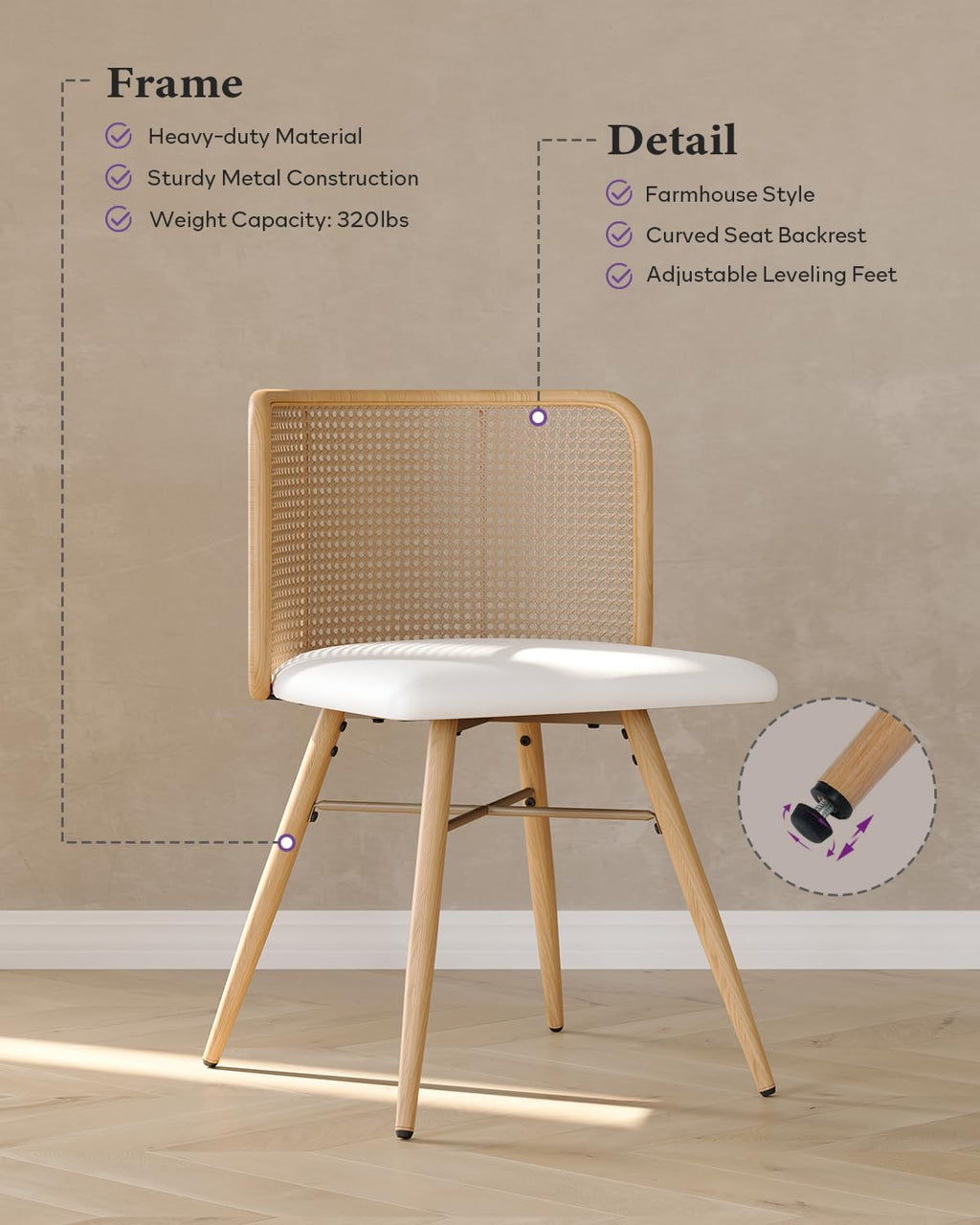 TYBOATLE Rattan Dining Chiars Set of 4, Farmhouse Boho Dining Room Chair with Natural Cane Woven Back and Faux Leather Seat, Mid-Century Modern Kithchen Chairs for Dining Table (4, Cream White)