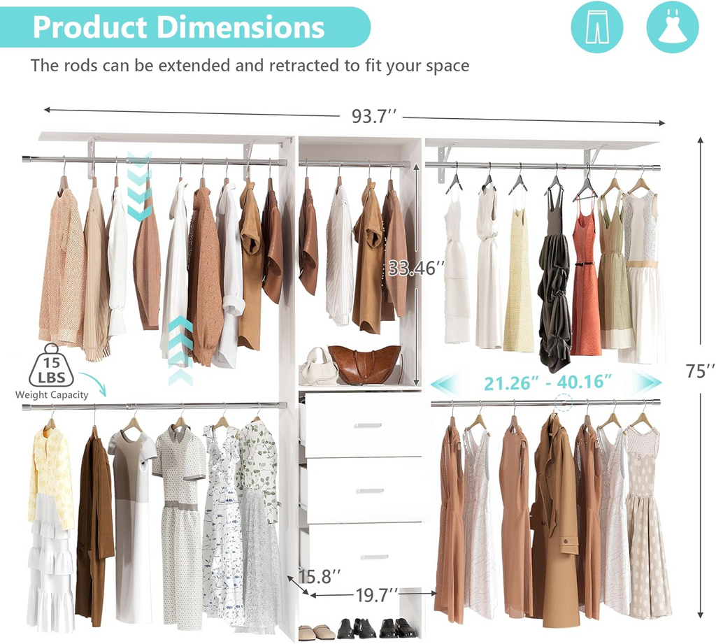 HOPUBUY Closet System 4-8FT Closet Organizer with 3 Drawers and 4 Hanging Rods, 96" Walk in Wardrobe Closet Kits Built-in Wood Clothing Garment Rack for Bedroom(White)