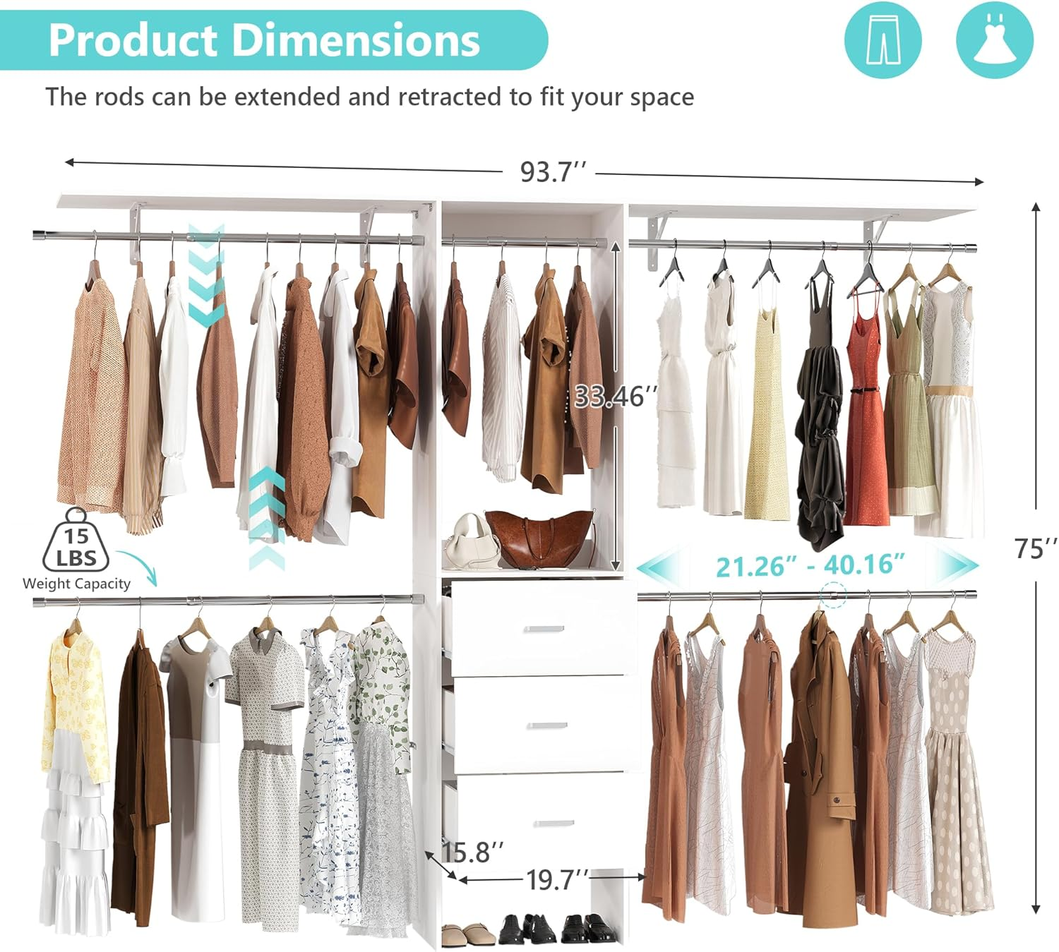 HOPUBUY Closet System 4-8FT Closet Organizer with 3 Drawers and 4 Hanging Rods, 96" Walk in Wardrobe Closet Kits Built-in Wood Clothing Garment Rack for Bedroom(White)