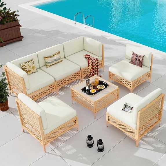LAZZO 7 Pieces Outdoor Conversation Set, PE Rattan Wicker Patio Furniture Sets, All Weather Sectional Sofa with Beige Cushions