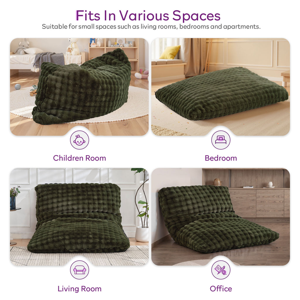 TYBOATLE 3 in 1 Giant Bean Bag Chair for Adults, Plush Fluffy Bean Bag Couch w/High-Density Memory Foam Filling, Convertible Floor Sofa to Mattress for Dorm, Apartment, Bedroom (Green)