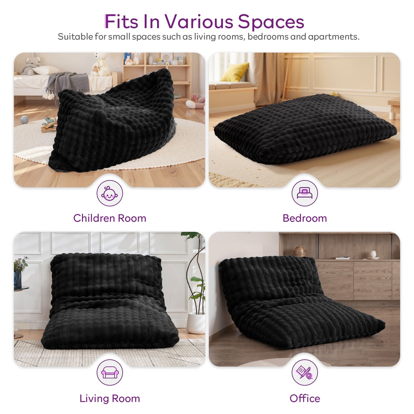 TYBOATLE 3 in 1 Giant Bean Bag Chair for Adults, Plush Fluffy Bean Bag Couch w/High-Density Memory Foam Filling, Convertible Floor Sofa to Mattress for Dorm, Apartment, Bedroom (Black)