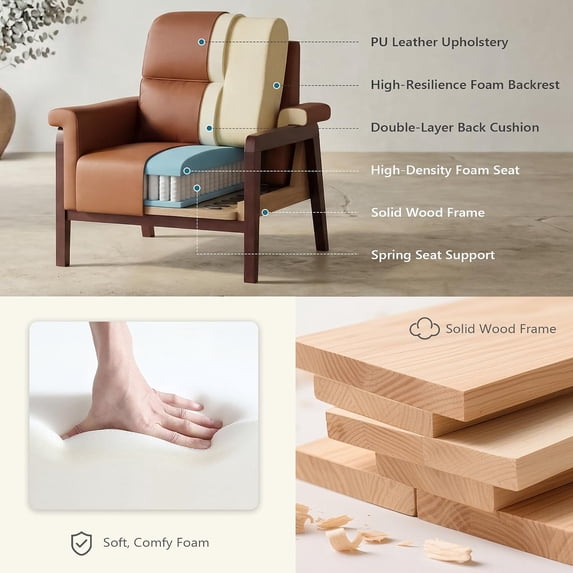 LAZZO Faux Leather Accent Chair, High Back Upholstered Armchair with Padded Arms and Solid Wood Legs for Living Room and Bedroom, Brown