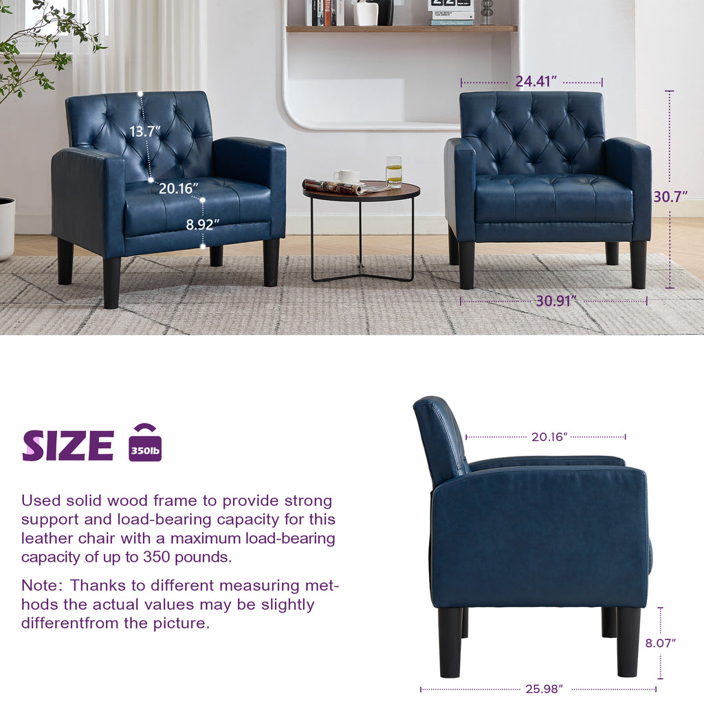 TYBOATLE Accent Chairs Set of 2 Comfy Living Room Chair Leather Tufted Mid Century Modern Accent Chair, Small Cozy Reading Arm Chair for Office, Bedroom (2, Blue)
