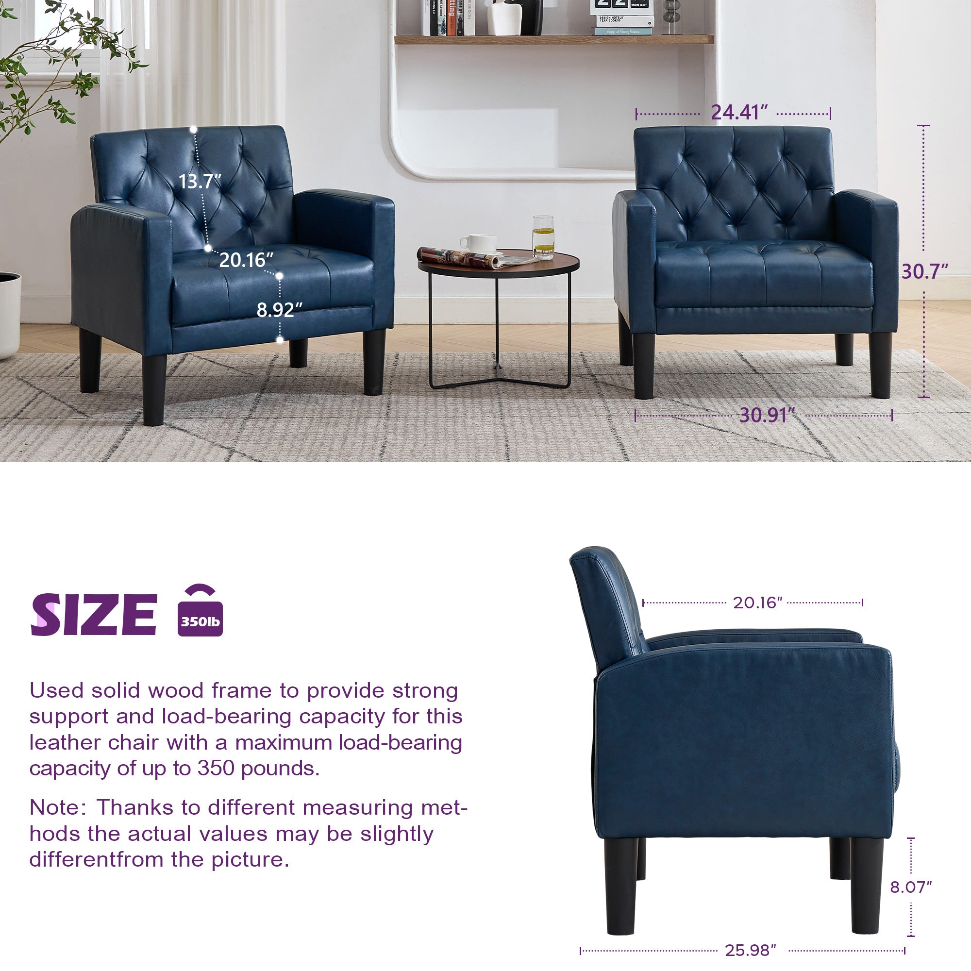 TYBOATLE Accent Chairs Set of 2 Comfy Living Room Chair Leather Tufted Mid Century Modern Accent Chair, Small Cozy Reading Arm Chair for Office, Bedroom (2, Blue)