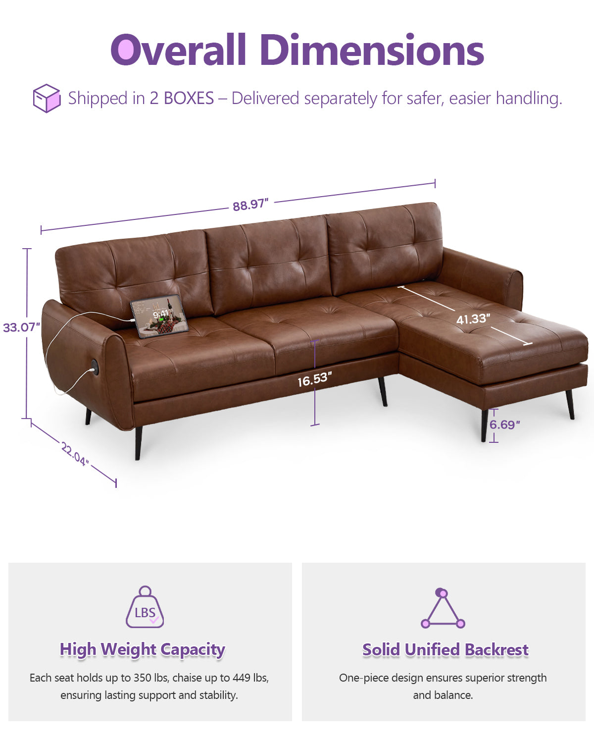 TYBOATLE 3 Seat L Shaped Leather Sectional Couches for Living Room, Faux Leather Couch w/USB & Type-C Charging Port, Small Sectional Sofa w/Deep-Seat Chaise (Brown)