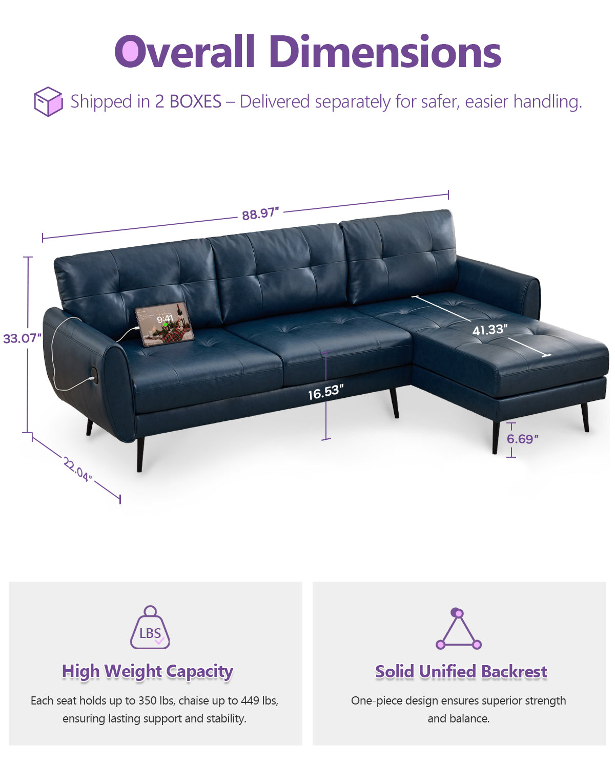 TYBOATLE 3 Seat L Shaped Leather Sectional Couches for Living Room, Faux Leather Couch w/USB & Type-C Charging Port, Small Sectional Sofa w/Deep-Seat Chaise (Blue)