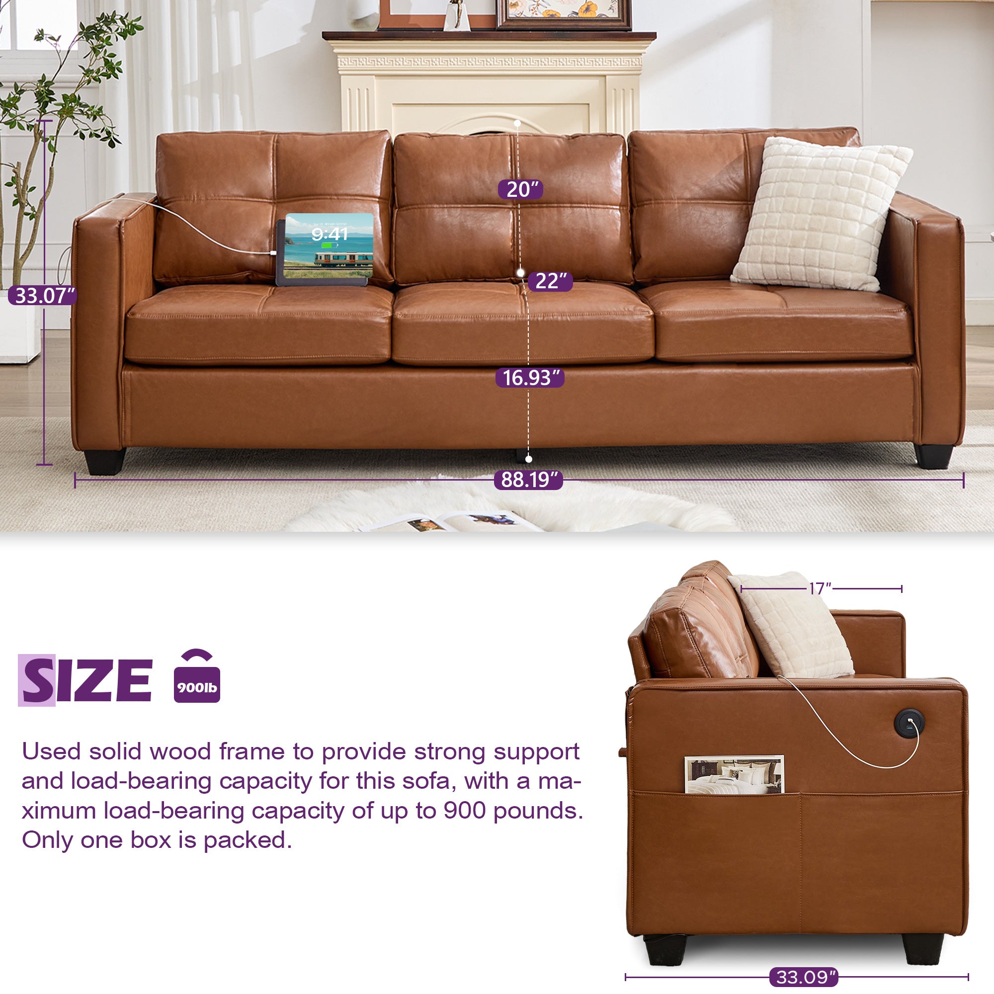 TYBOATLE 88" W Faux Leather Couch w/Side Pockets, Mid-Century Modern Tufted Comfy Leather Couches w/USB and Wider Arms, 3 Seater Sofa for Office, Apartment, Bedroom, Brown (Brown, 3 Seater)