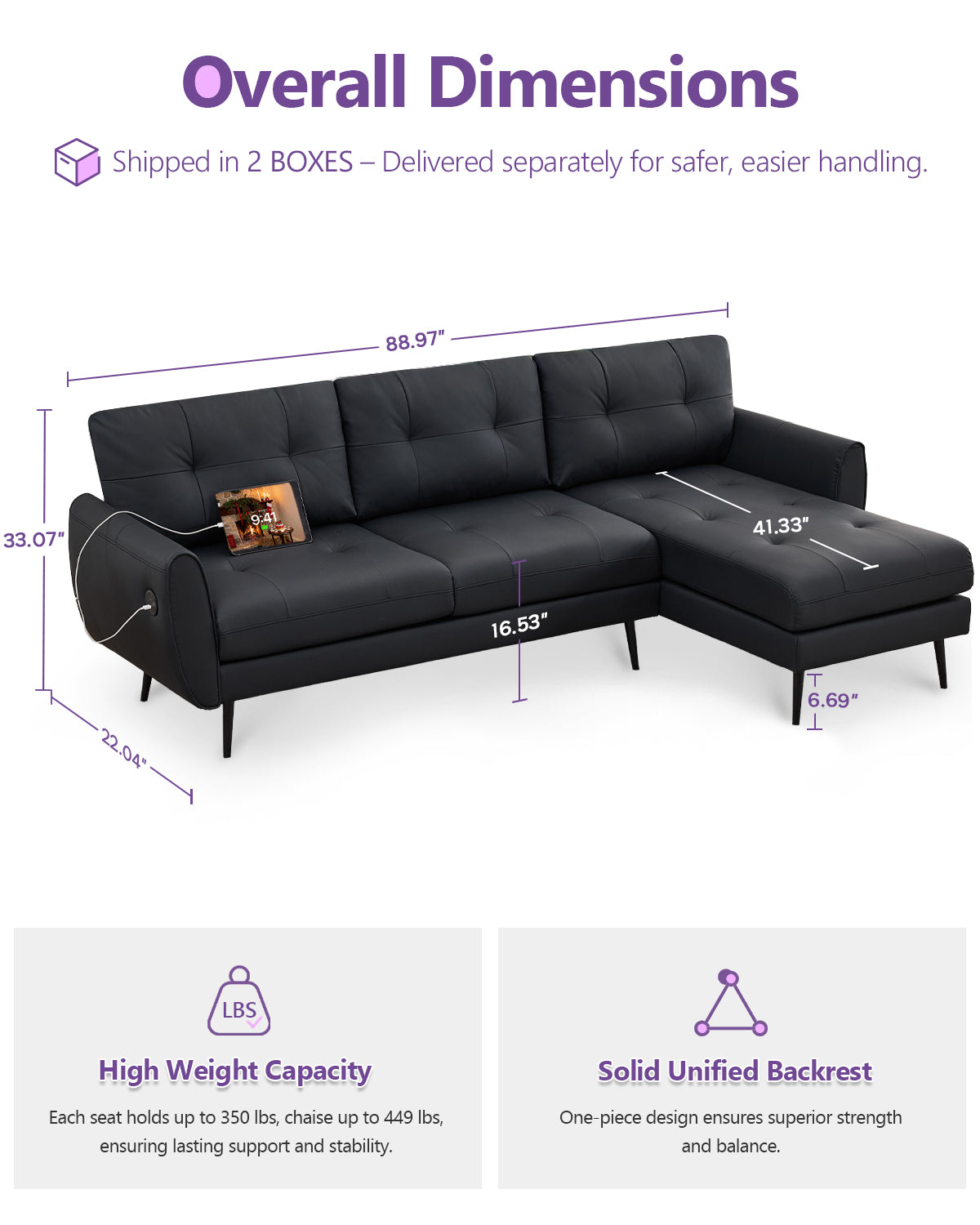 TYBOATLE 3 Seat L Shaped Leather Sectional Couches for Living Room, Faux Leather Couch w/USB & Type-C Charging Port, Small Sectional Sofa w/Deep-Seat Chaise (Black)