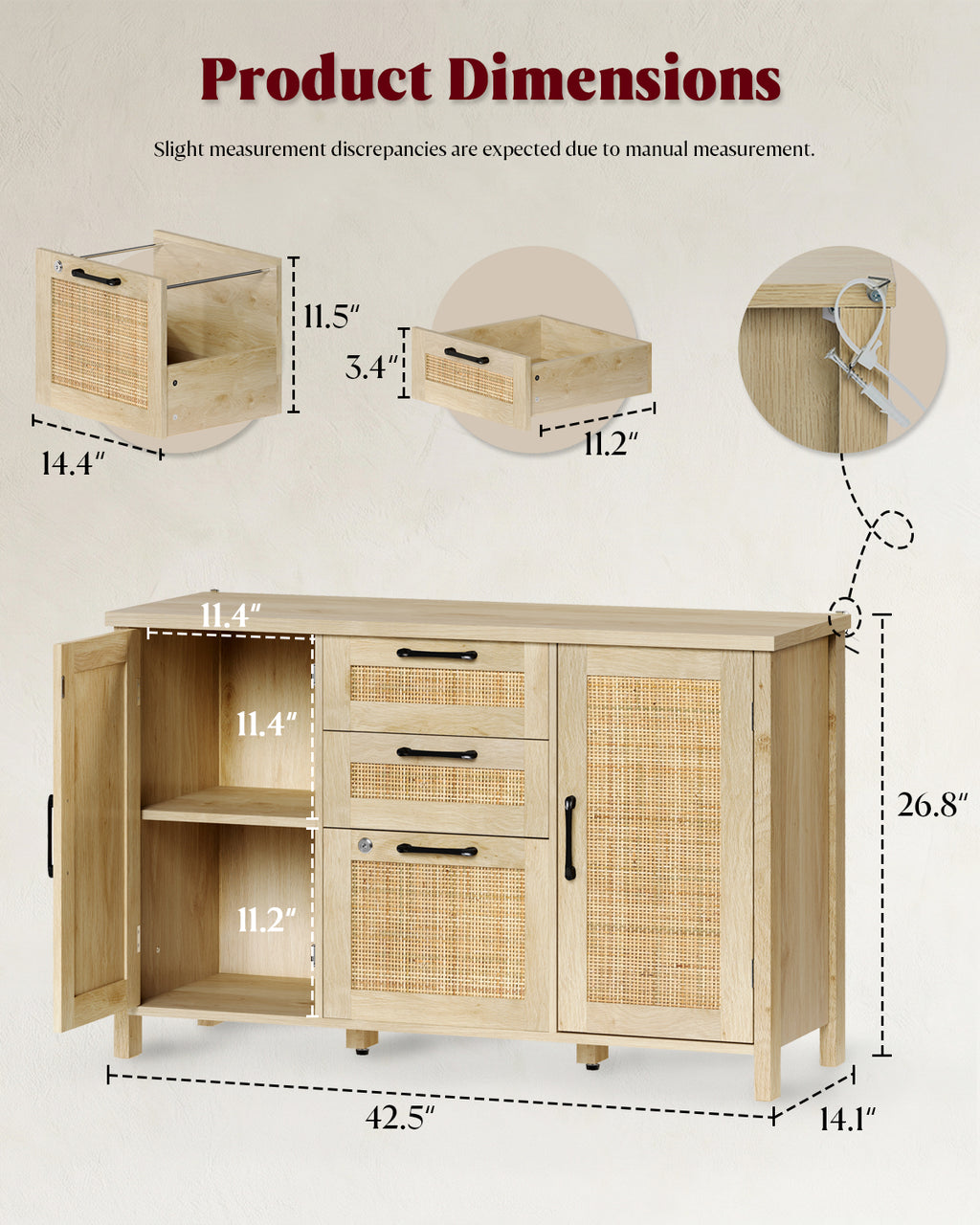 HOPUBUY Lateral File Cabinet with Lock, 3 Drawer and 2 Doors Wood Filing Cabinet for Home Office, Rattan Printer Stand, Adjustable Storage Shelves/Hanging Bars for Letter/Legal/A4, Natural Wood