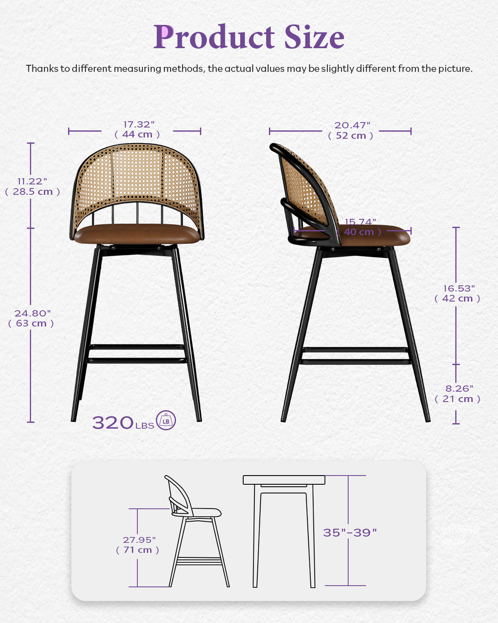 29'' BarStools Set of 4 w/Rattan Backrest, Swivel Counter Height Bar Stools